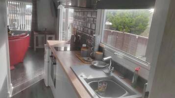 Cabin | Private kitchen | Fridge, microwave, oven, stovetop