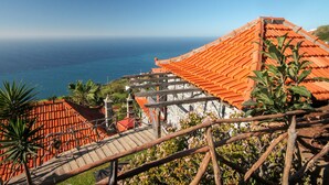 Vista costera con edificios de techos de teja, un paseo de madera y abundante vegetación.