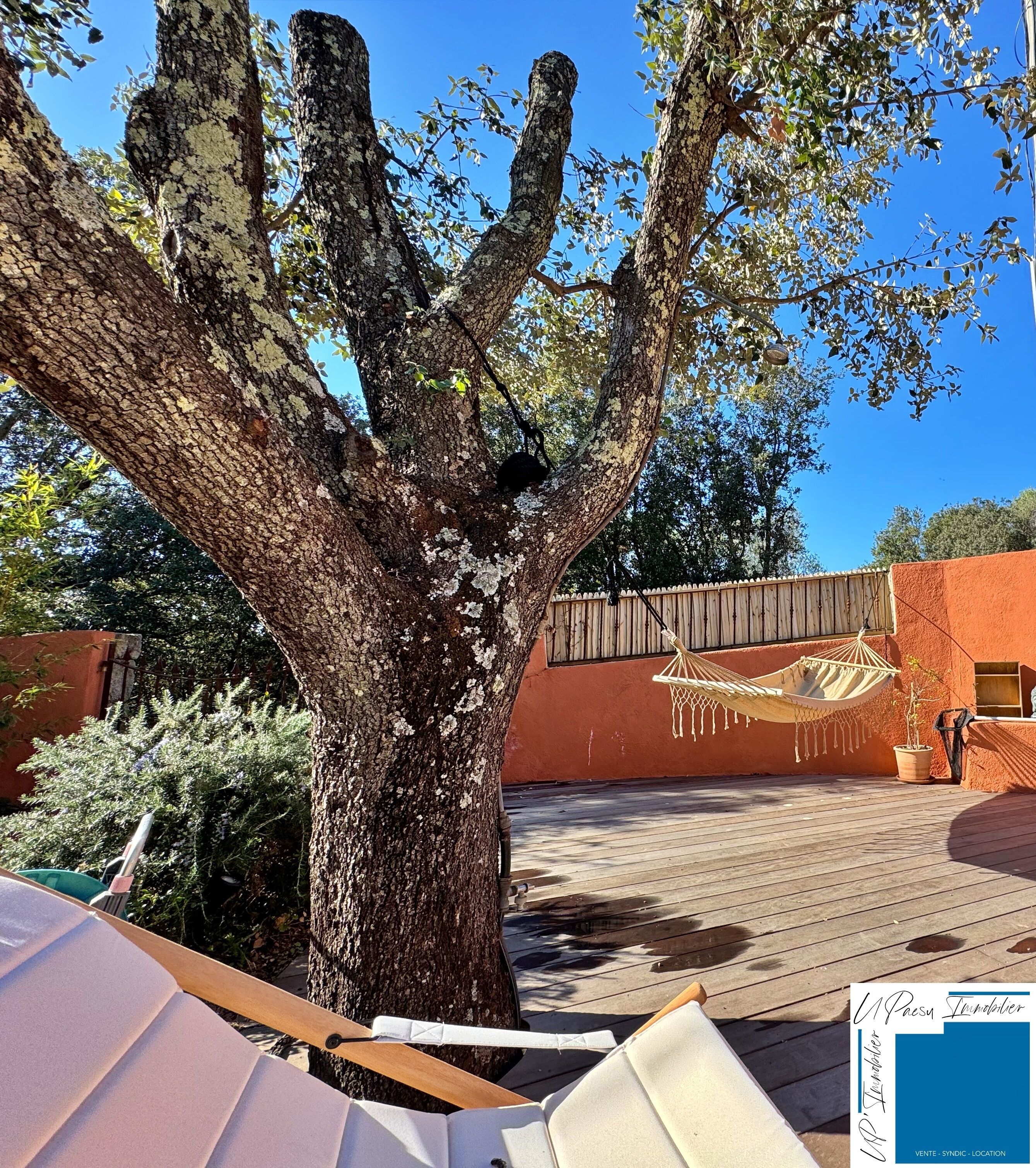 A hammock under a tree, a wooden deck, and a brick wall.