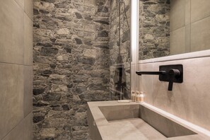 Superior Triple Room | Bathroom | Shower, hair dryer, slippers, towels - Rivière Residence Paros   (Paros)