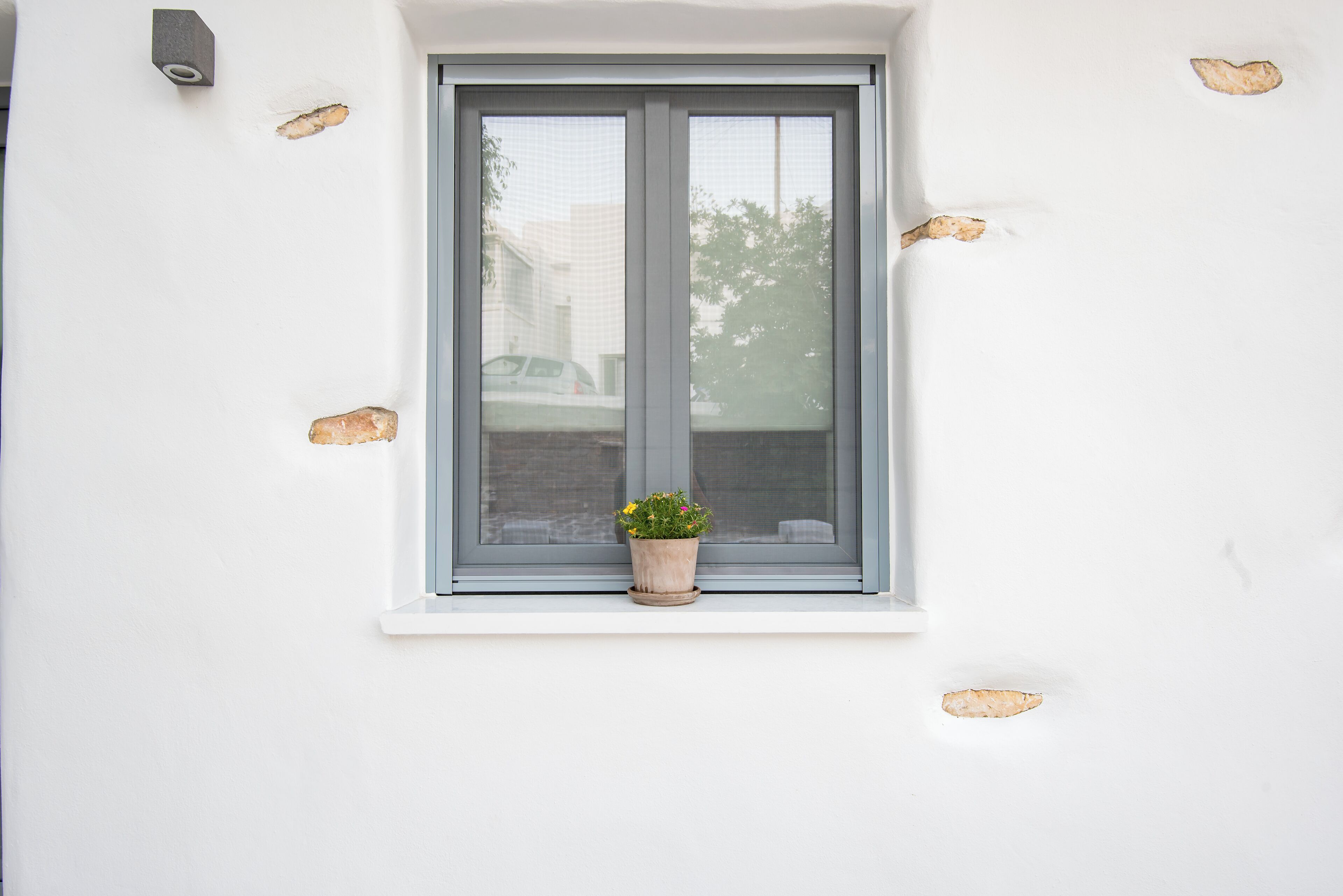A window with a potted plant on the sill.