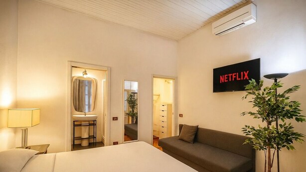 Habitación de hotel con cama, sofá, televisor mostrando 'NETFLIX', una planta y un espejo.