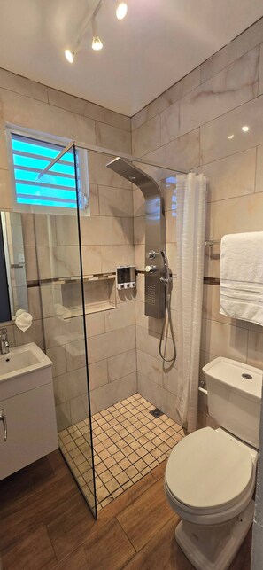 Sèche-cheveux, serviettes fournies, savon, shampoing