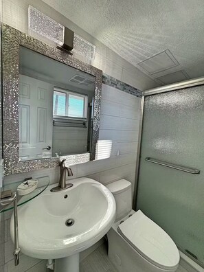 Shower, hair dryer, soap, toilet paper