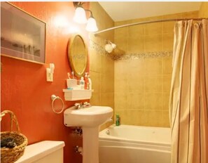 Douche, baignoire à jets, sèche-cheveux, serviettes fournies