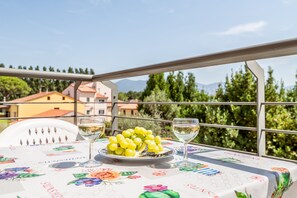 Una mesa con mantel floral, un plato de uvas y dos copas de vino blanco en un balcón exterior con vistas a casas y árboles.