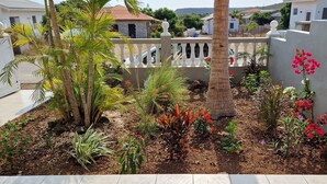 Ein Garten mit verschiedenen Pflanzen und einem weißen Zaun.