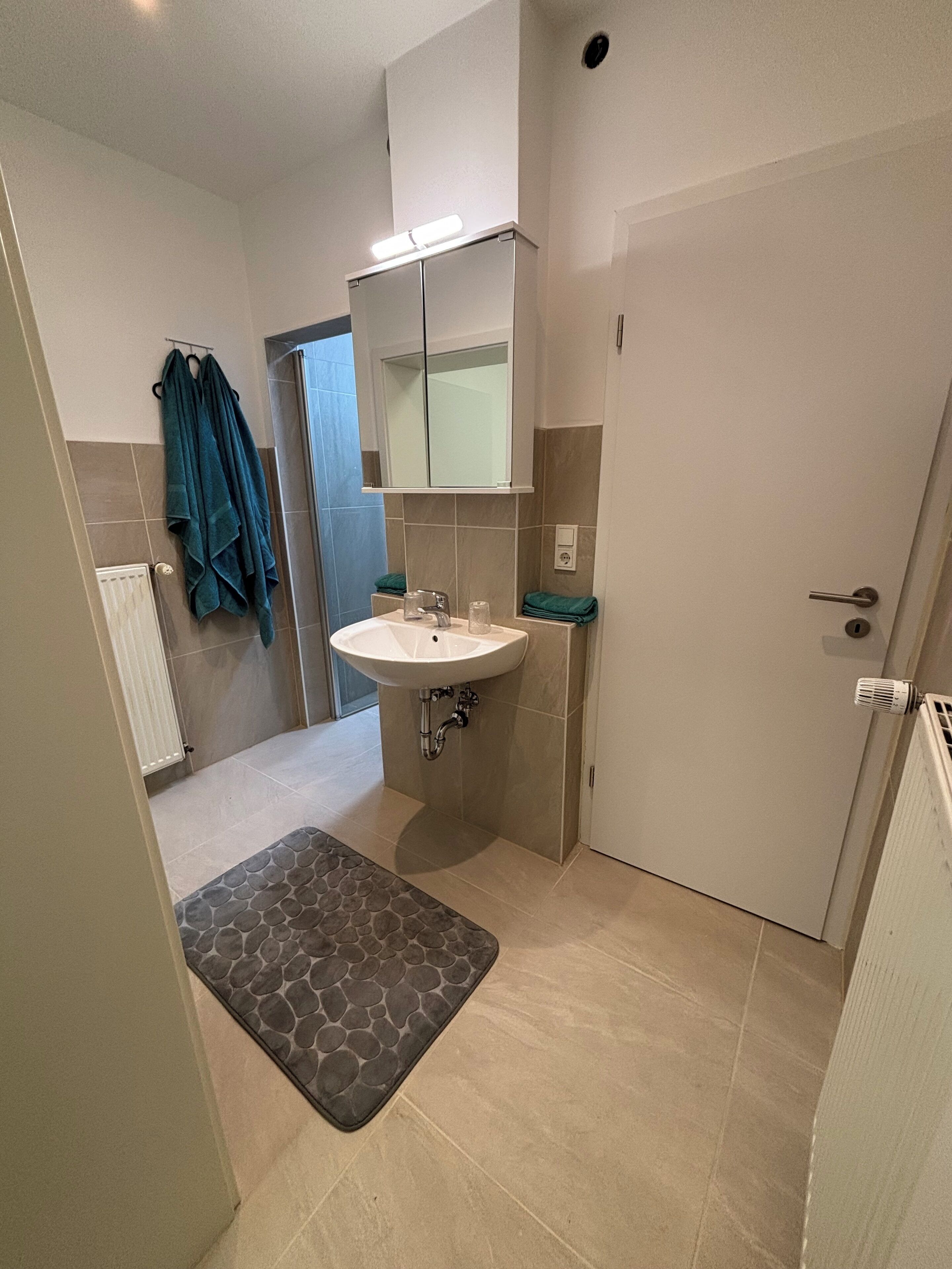 A bathroom with a white sink, a mirror, and a towel rack.