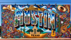 Ein farbenfrohes Wandbild heißt Besucher in Austin, Texas willkommen und zeigt bekannte Symbole wie einen Cowboyhut, eine Gitarre und das Texas State Capitol.