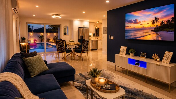 A modern living room with a large TV, a pool view, and a dining area. - 5 Star Tropical Pool Near Beach & FLL (Pompano Beach)