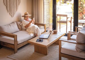 Living area - Casa Tove, a cosy Bungalow in El Pescadero with wifi, yoga deck and pool. (El Pescadero)