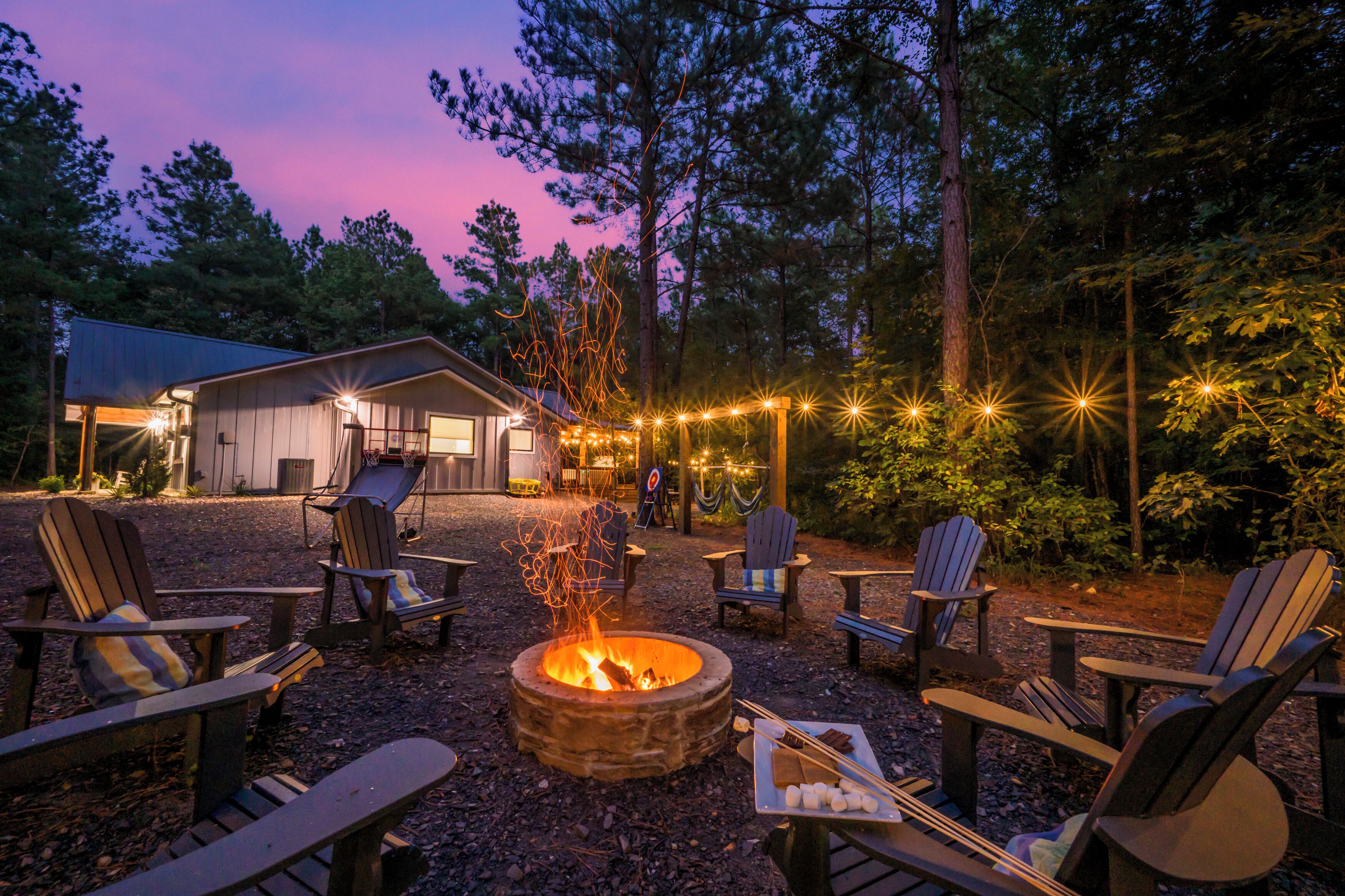Cozy twilight by the fire pit, Sunshine and Roses, Broken Bow.