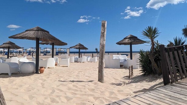 A beach with white lounge chairs and thatched umbrellas, a wooden deck, and palm trees. - Luxury 8-person Villa with pool and sea view (Soalheira)