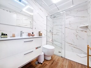 Shower, hair dryer, towels, toilet paper