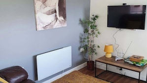 A living room with a brown leather sofa, a white radiator, a painting, a television, a plant, and a wooden table with a lamp and a box. - Seaview-petsok-patio-1br (St Austell)