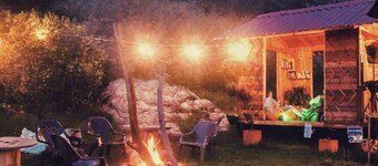 VW Combi in the forest with mountain view