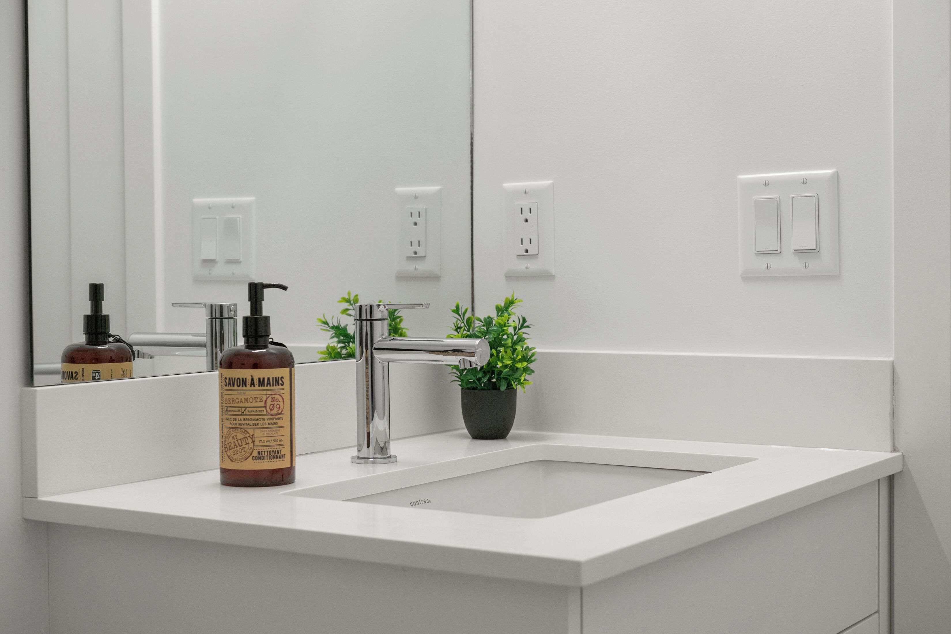 A modern bathroom with a white sink, a chrome faucet, a bottle of soap, and a potted plant.