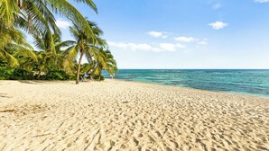 Een zandstrand met palmbomen en helderblauw water.