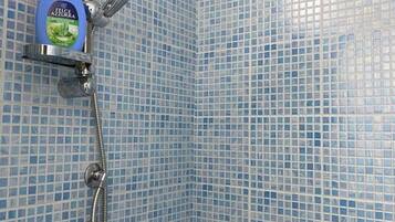 Douche, sèche-cheveux, serviettes fournies, savon