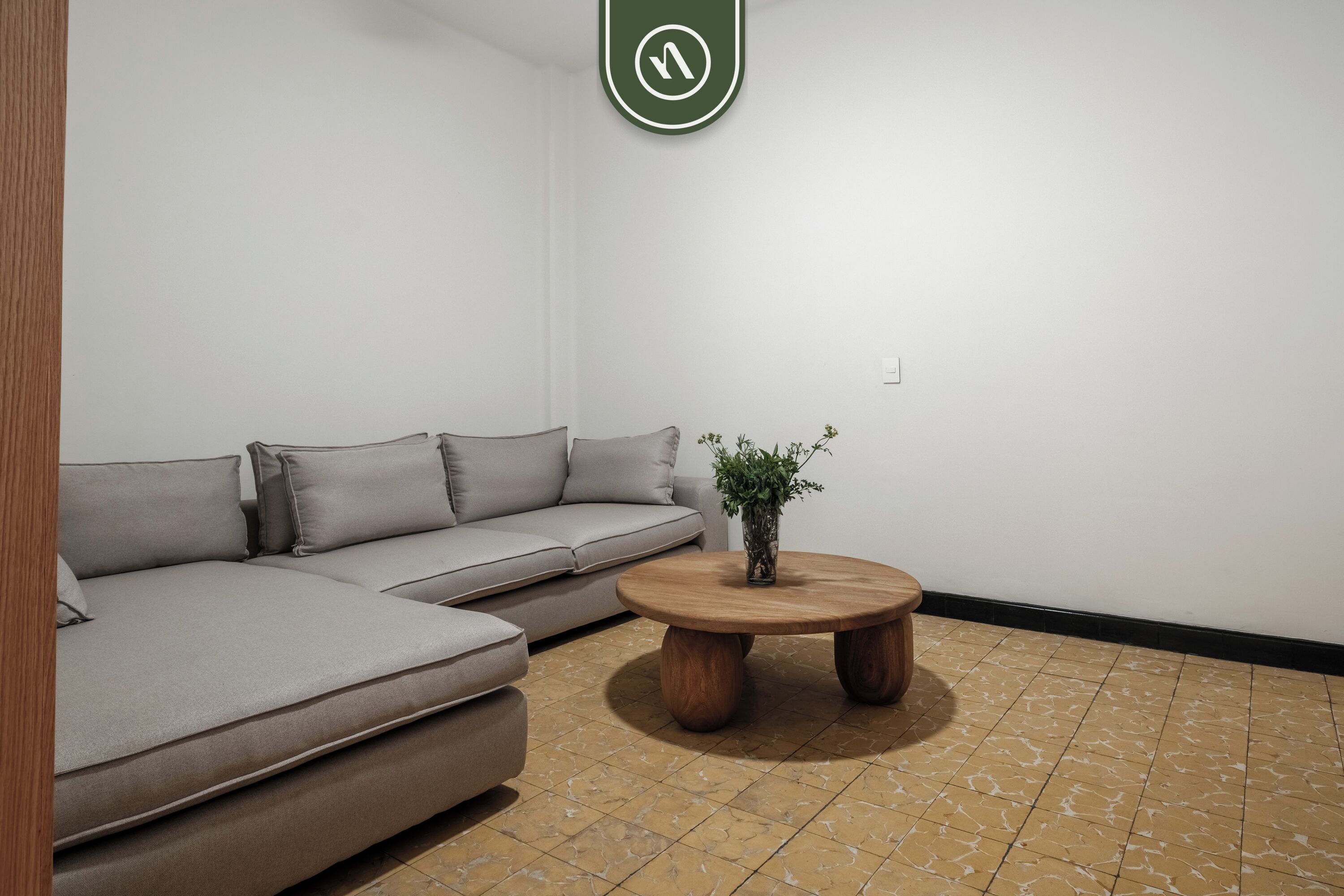 Un salon moderne avec un canapé gris, une table basse en bois et une plante en pot.