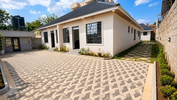 Une maison moderne avec une allée pavée et un petit jardin.