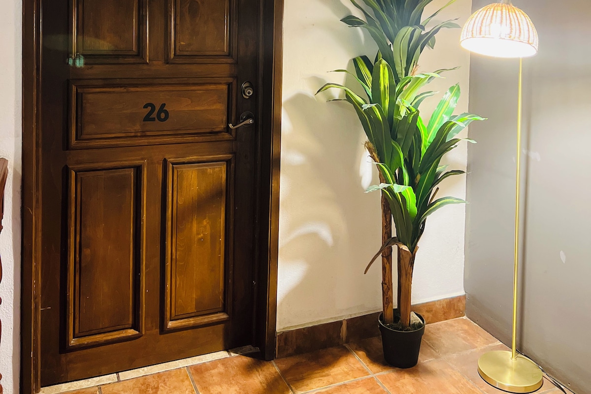 A wooden door with the number 26, a potted plant, and a floor lamp.