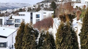 A modern residential area with snow-covered trees and houses, featuring a prominent white building with multiple windows and a flat roof. - Studio apartment "SchwabenALB" with panoramic view (Albstadt)