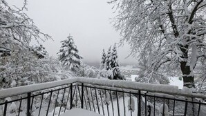 A snow-covered balcony with a metal railing, surrounded by trees and buildings. - Studio apartment "SchwabenALB" with panoramic view (Albstadt)