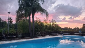 A swimming pool with lounge chairs and a floating ring, surrounded by palm trees and a wooden fence. - Relaxation, sea, nature, culture! (Sicilia)