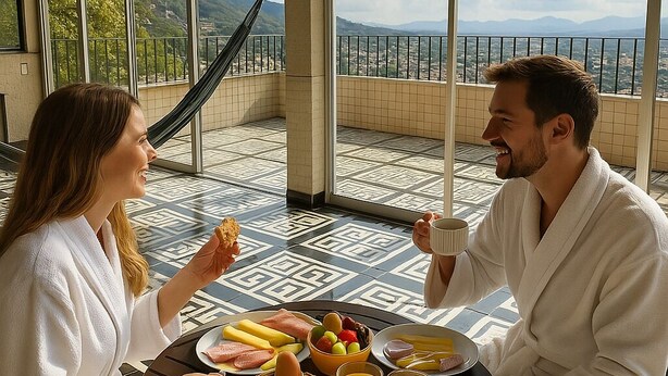 Una pareja cenando en una mesa con vistas a montañas y una hamaca al fondo.