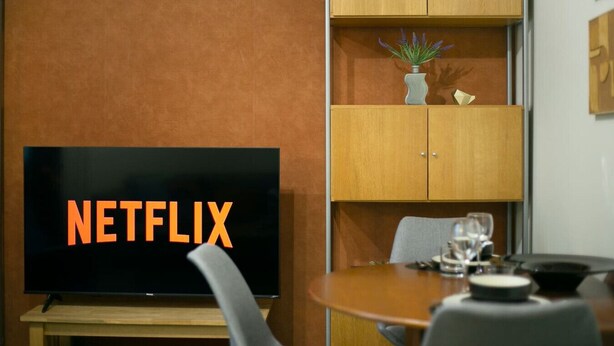 Une pièce avec un téléviseur affichant le logo de Netflix, un meuble en bois orné d’une plante et une table à manger avec des chaises.