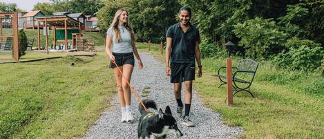 Deux personnes promènent un chien sur un chemin de gravier, avec en arrière-plan de la verdure et des structures en bois.