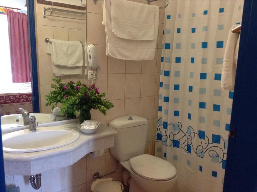 A bathroom with a sink, toilet, and shower curtain.