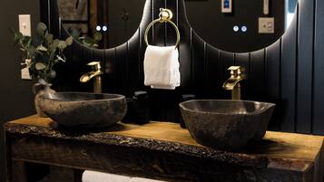 Hair dryer, towels, soap, toilet paper