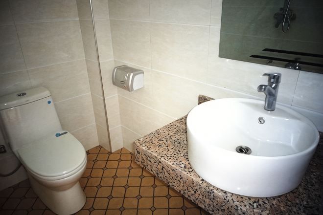 Een badkamer met toilet, wastafel en spiegel.