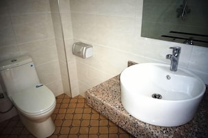 Un baño con inodoro, lavamanos y espejo.