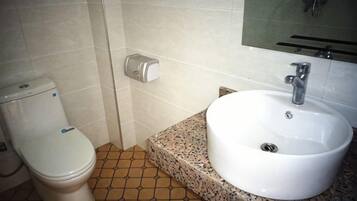 A bathroom with a toilet, sink, and mirror.