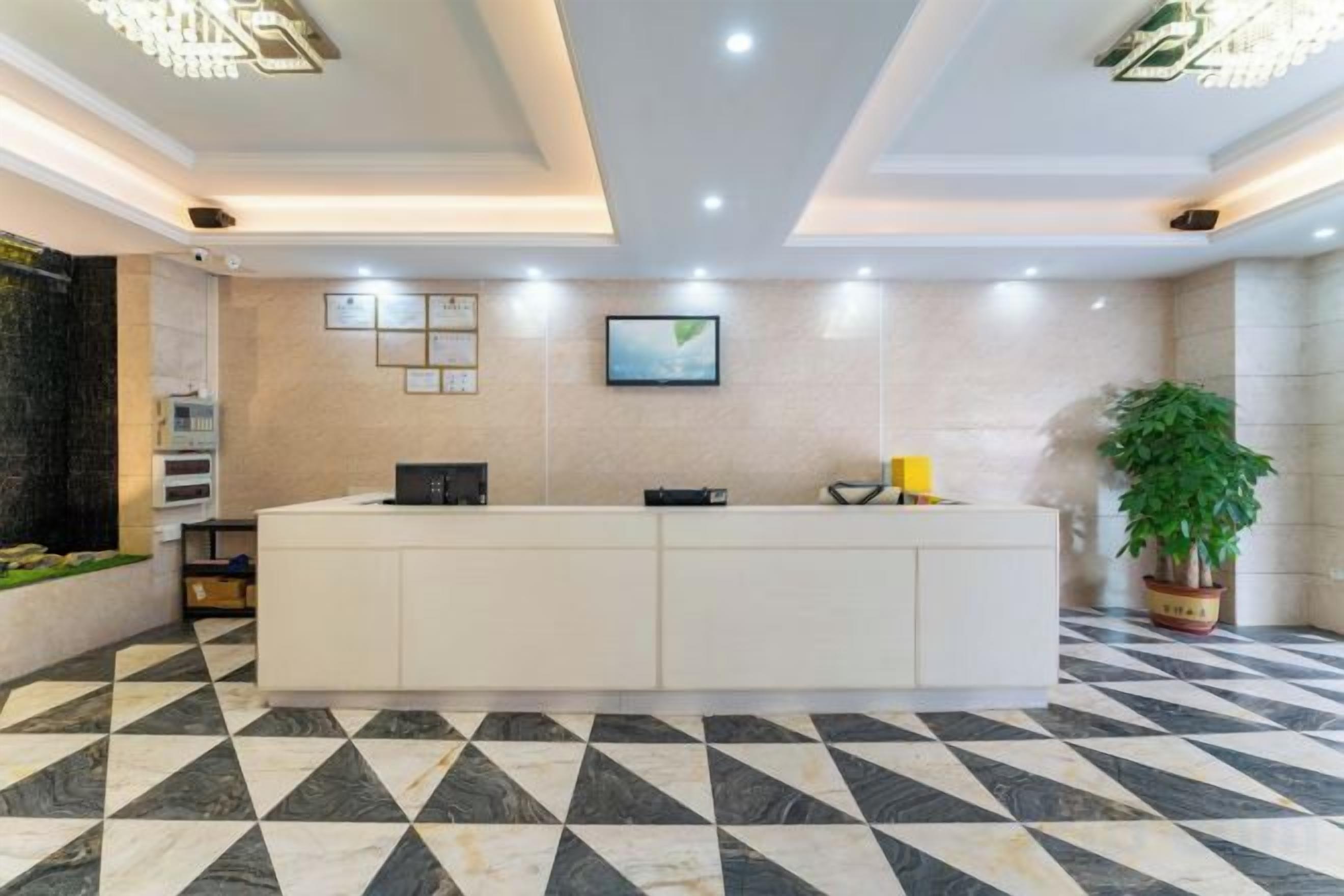 A reception area with a check-in counter, a flat-screen TV, and a potted plant.
