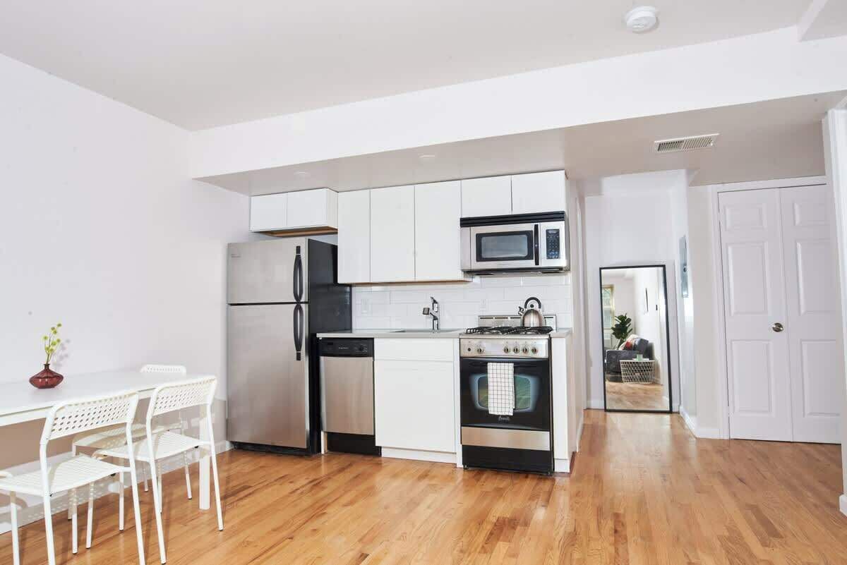 Fridge, coffee/tea maker, cookware/dishes/utensils