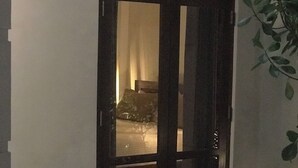 A room with a large window, a bed, and a potted plant.