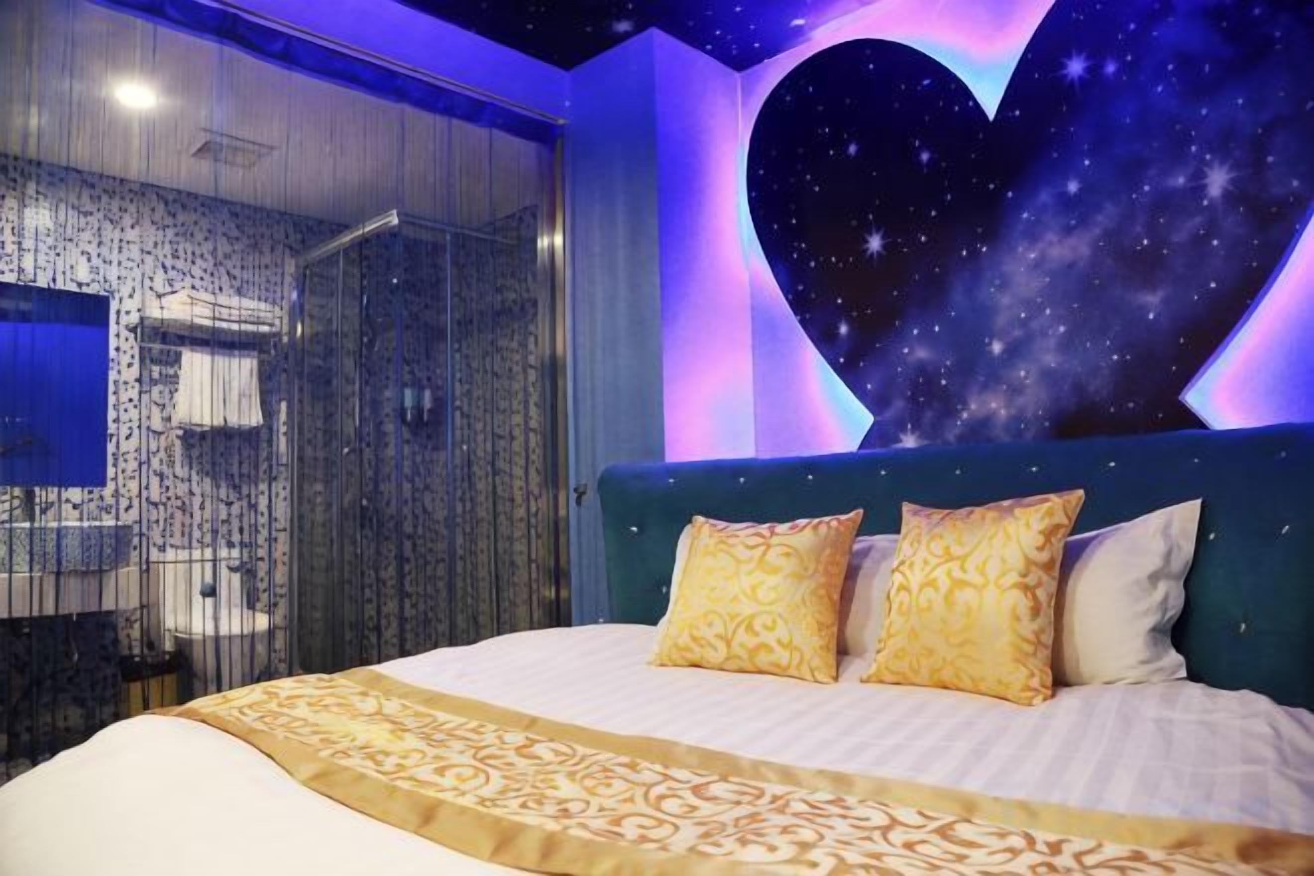 Une chambre avec un grand lit, un décor mural représentant un ciel étoilé et un espace douche.