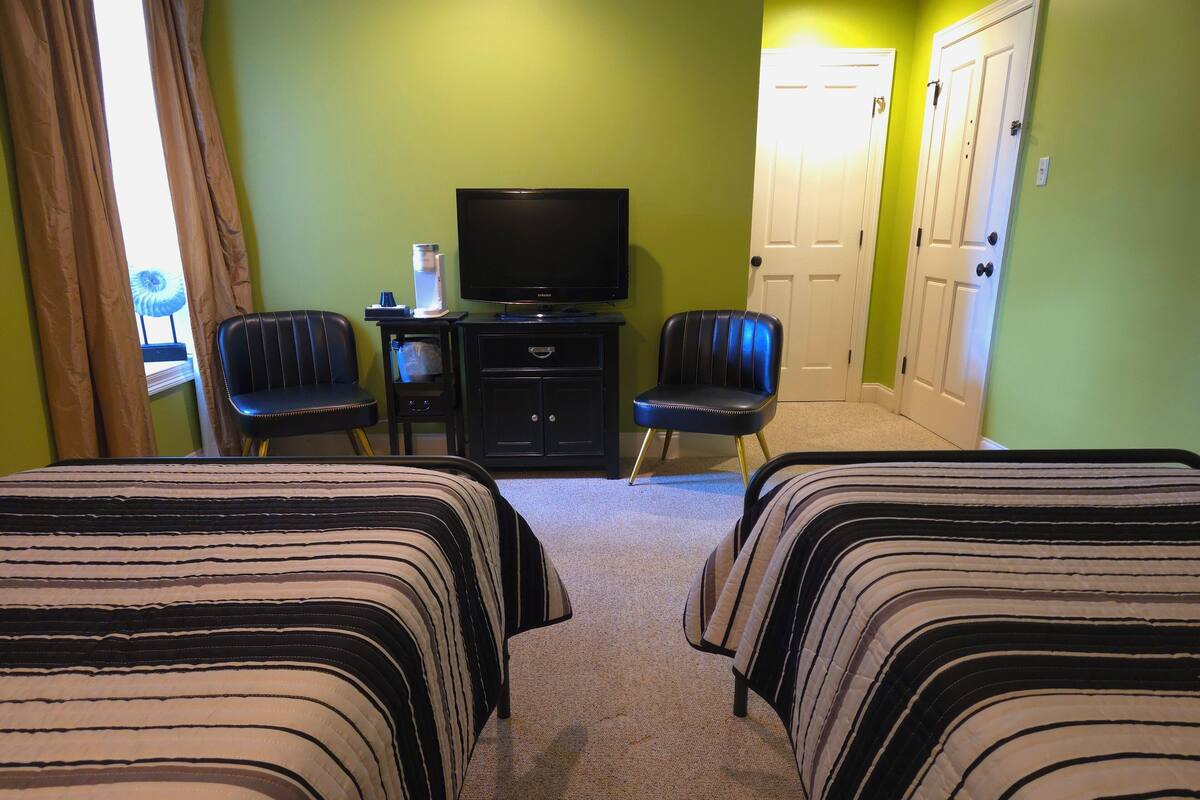 A bedroom with two beds, a TV, a desk, and a chair.