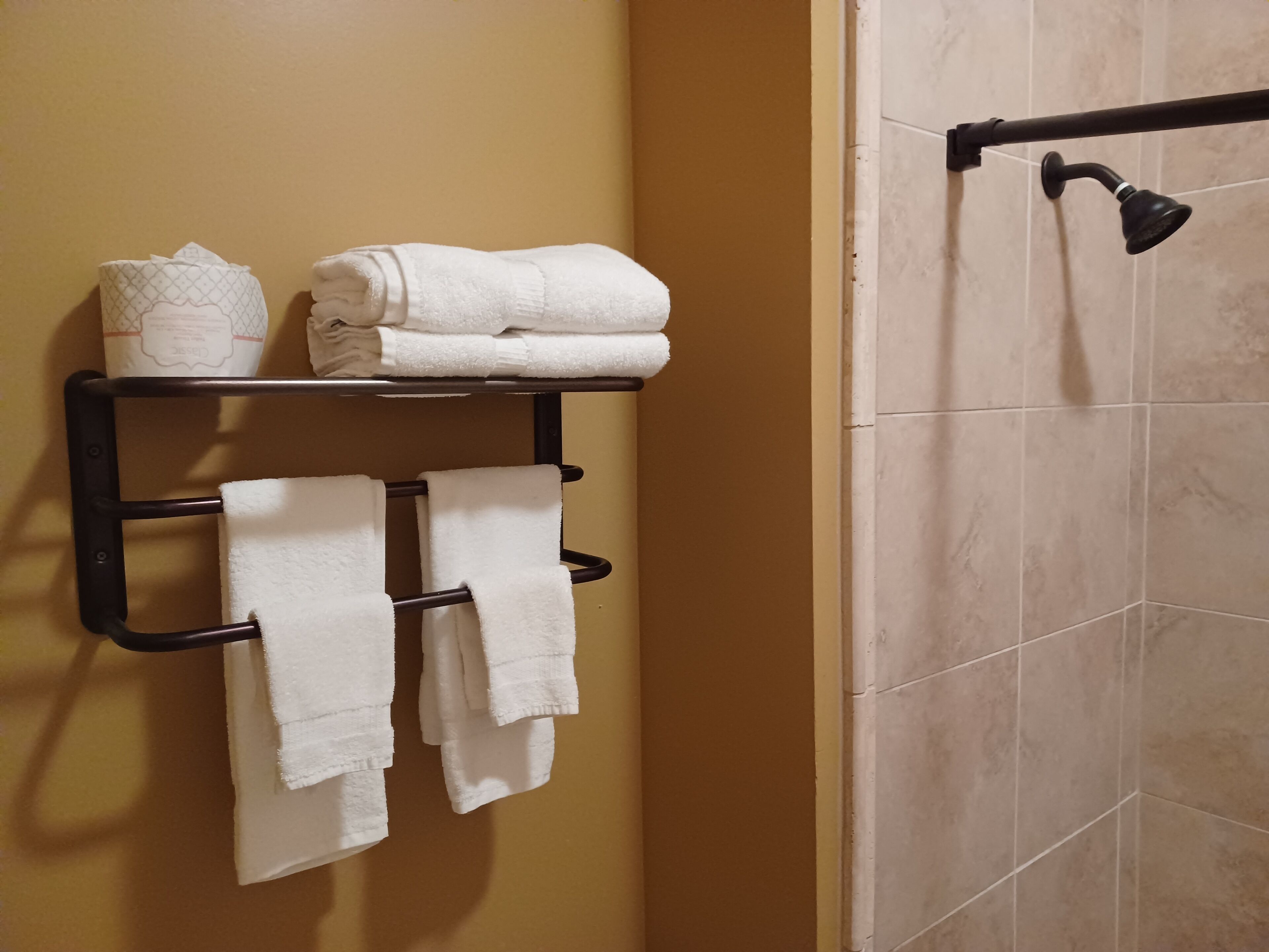 A bathroom with a towel rack holding multiple towels and a shower head.