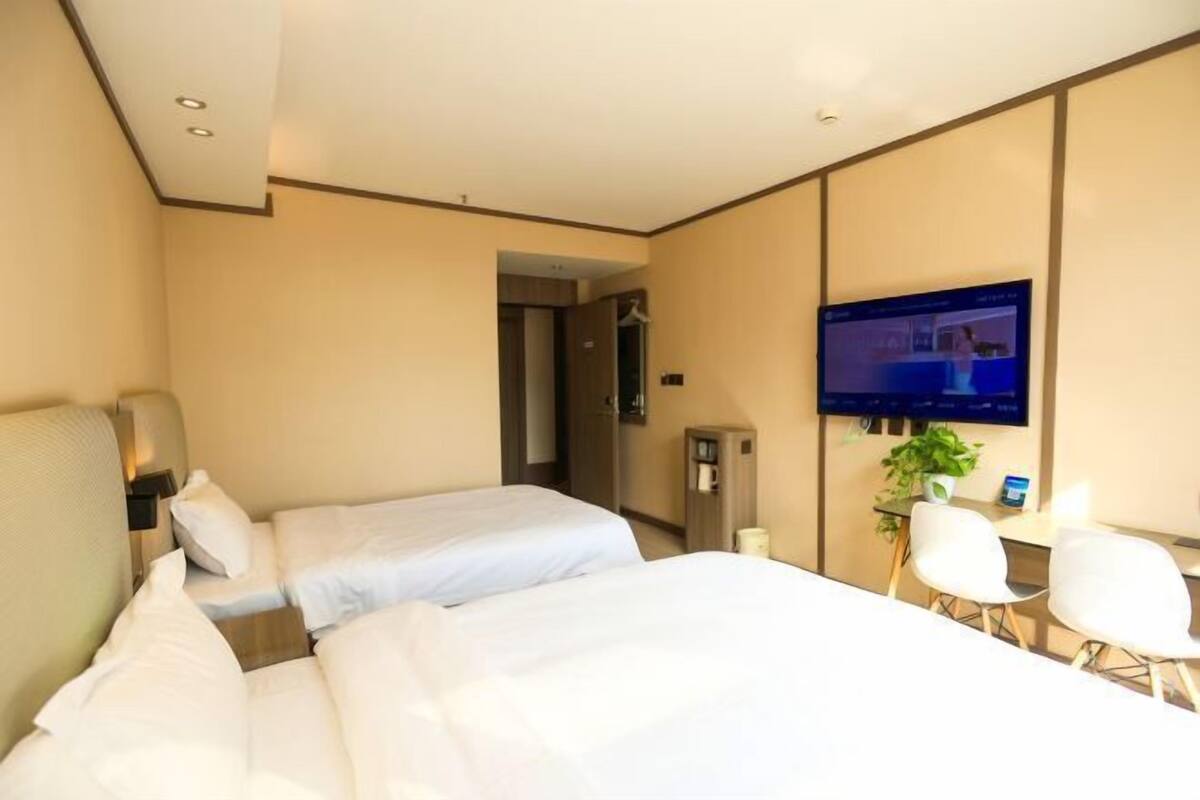 Habitación de hotel con dos camas, un escritorio, una silla, un televisor y una planta pequeña.