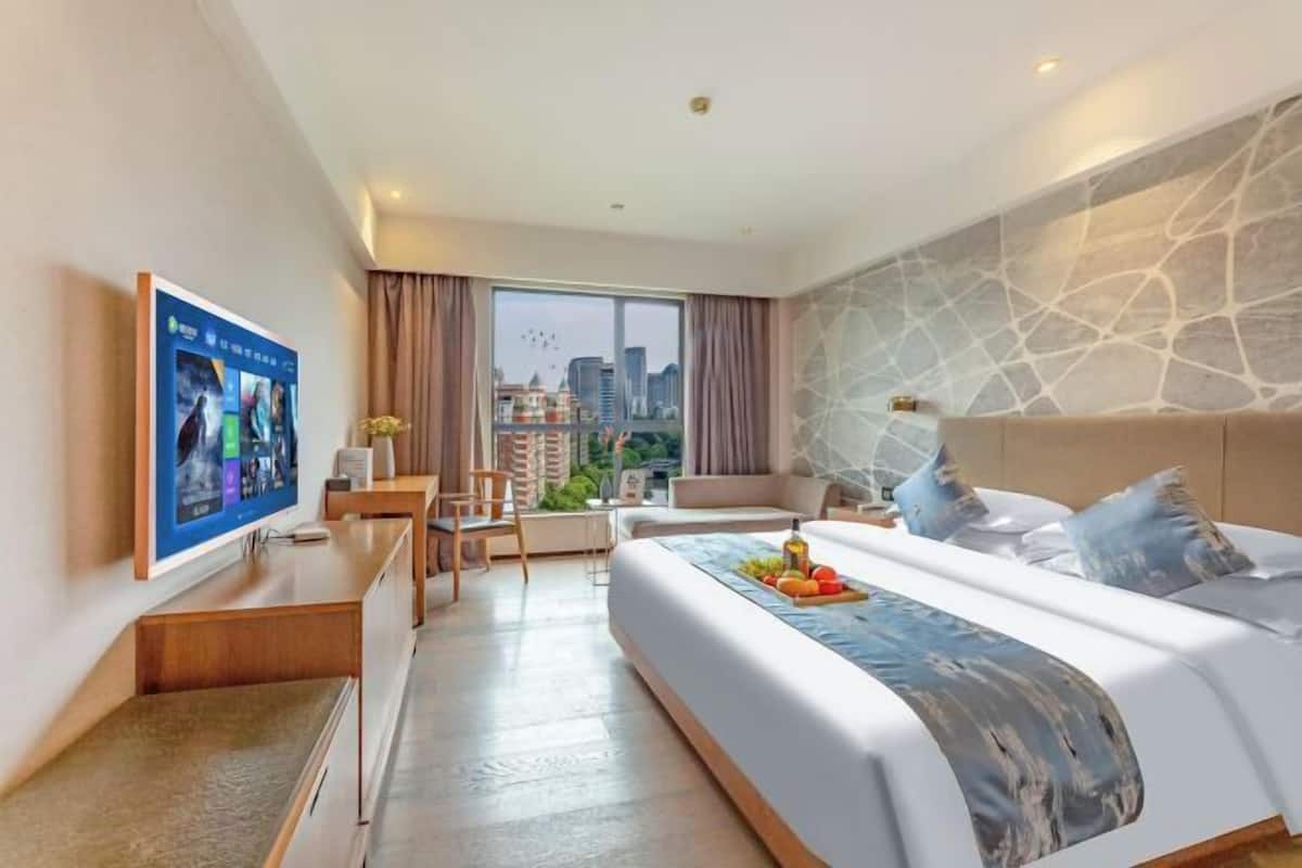 A hotel room with a bed, a desk, a TV, and a view of the city.