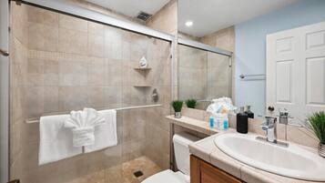 Shower, hair dryer, towels, soap
