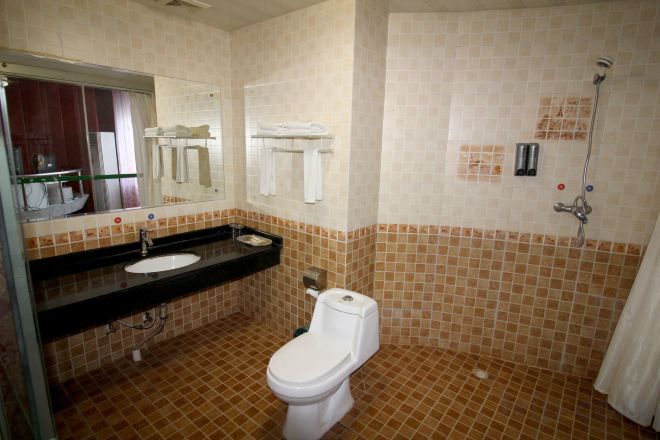 Un baño con inodoro, lavabo y ducha.