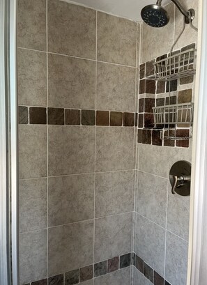 Regadera, secadora de cabello, toallas, papel de baño 