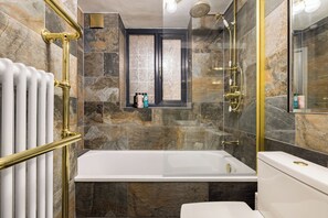 Hair dryer, towels, soap, shampoo