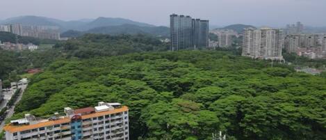 A residential area with multiple high-rise buildings, dense greenery, and a hilly landscape in the background.